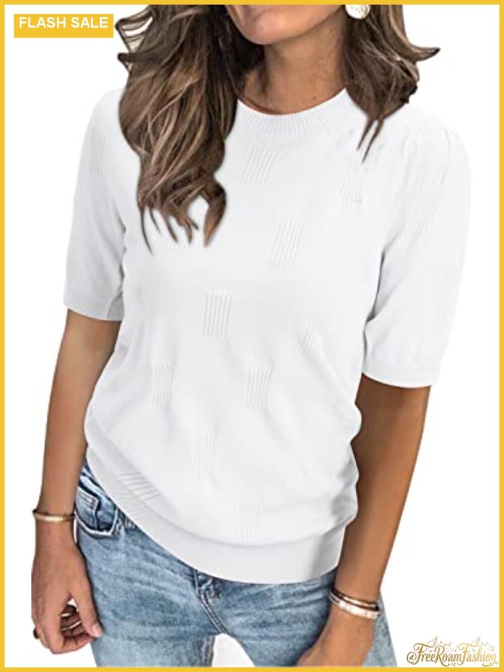 Women's Short Sleeve Crew Neck Textured Knit Sweater Top Work Teacher
